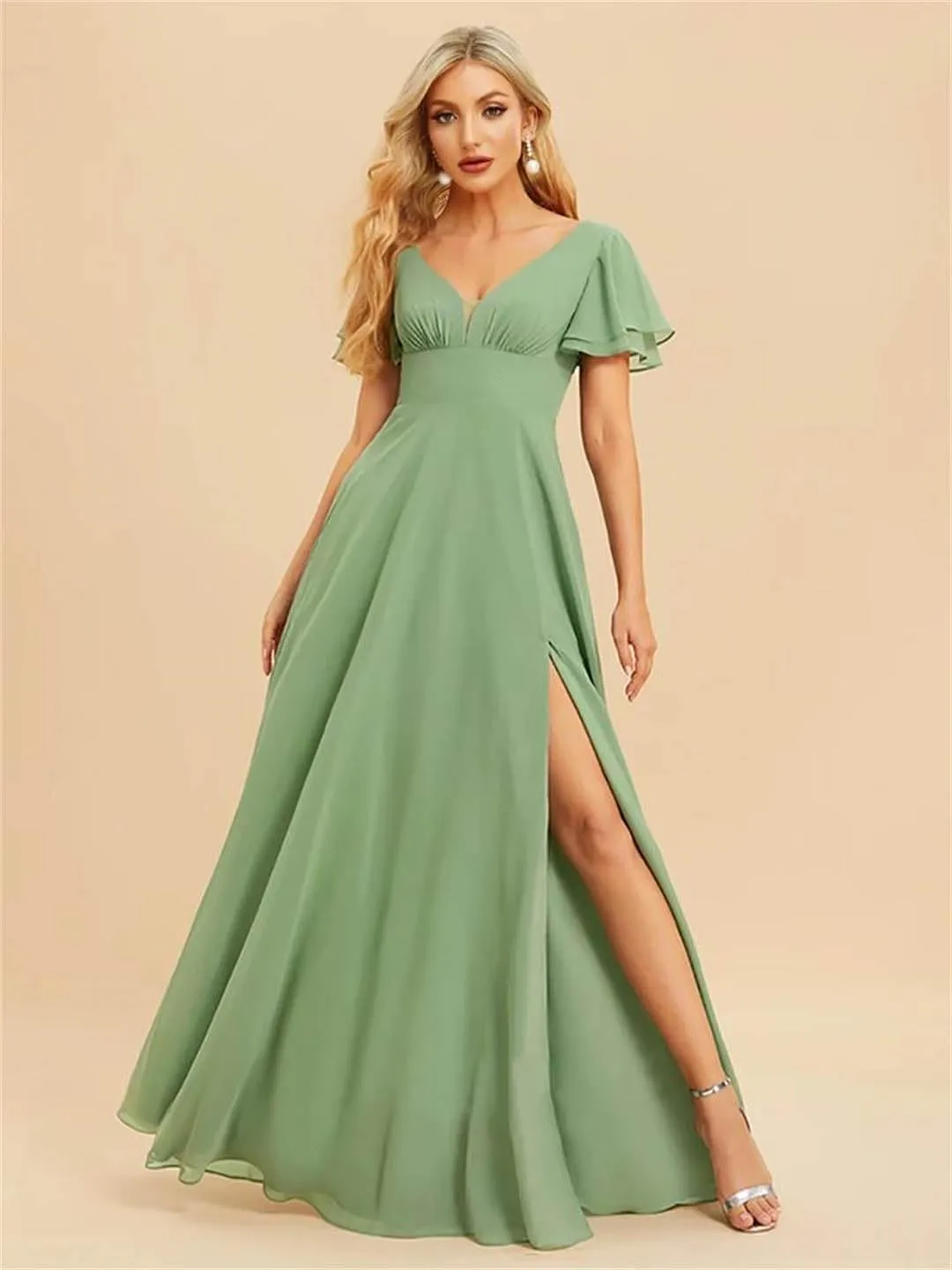 Elegant Evening Dresses Long A-LINE Short Sleeve V-Neck Floor-Length Chiffon Simple Bridesmaid Women Dress Prom