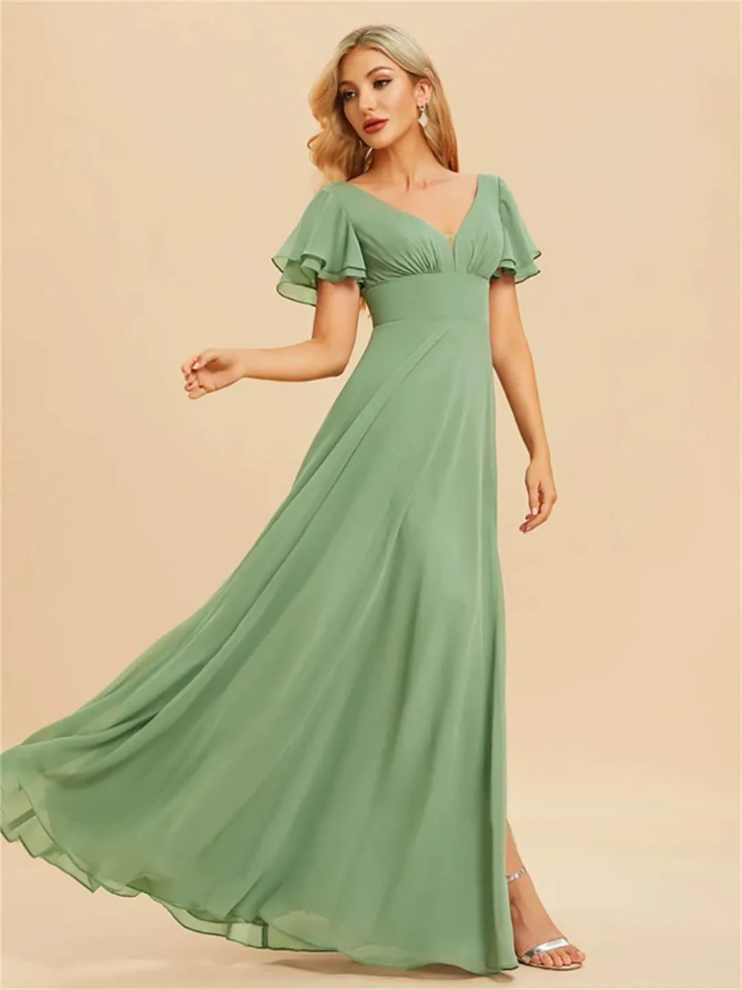 Elegant Evening Dresses Long A-LINE Short Sleeve V-Neck Floor-Length Chiffon Simple Bridesmaid Women Dress Prom