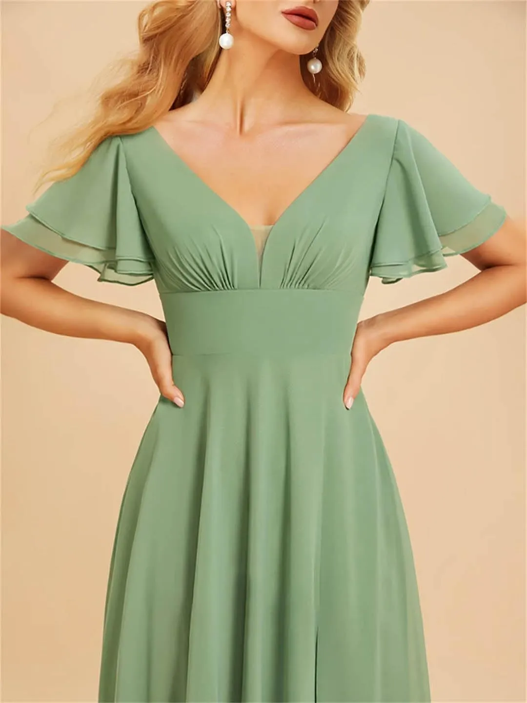 Elegant Evening Dresses Long A-LINE Short Sleeve V-Neck Floor-Length Chiffon Simple Bridesmaid Women Dress Prom