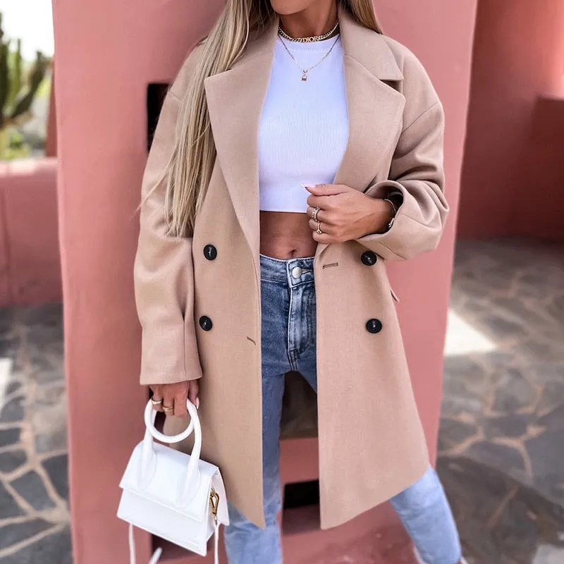 Fashionkova  Casual Long Sleeve Midi Blazer 2022 Fall Elegant Lapel Double-Breasted Woolen Jackets Winter Women Fashion Loose Solid Outerwear