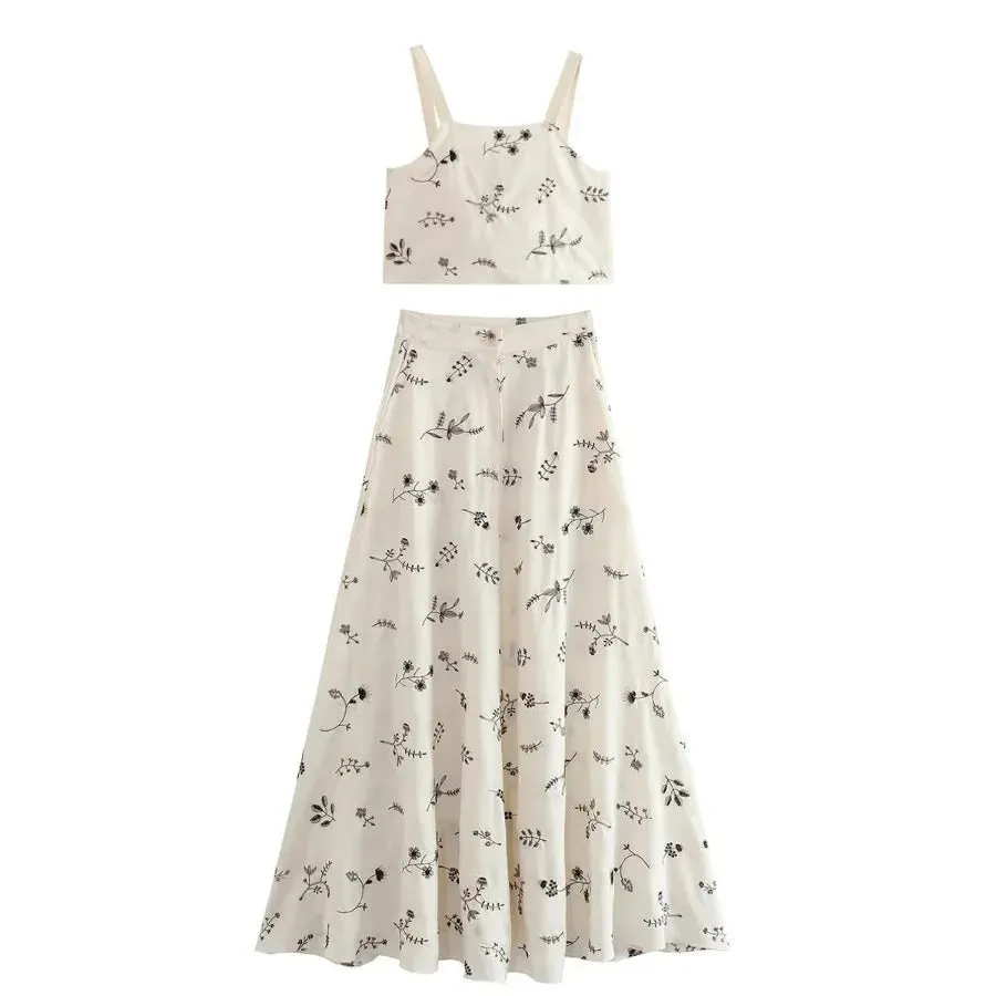 FashionSierra-Floral Embroidery  Crop Top  Maxi Skirt  Suit  Women  Vintage  Sleeveless  Summer  Set  Beach  Vestidos Boho Dress