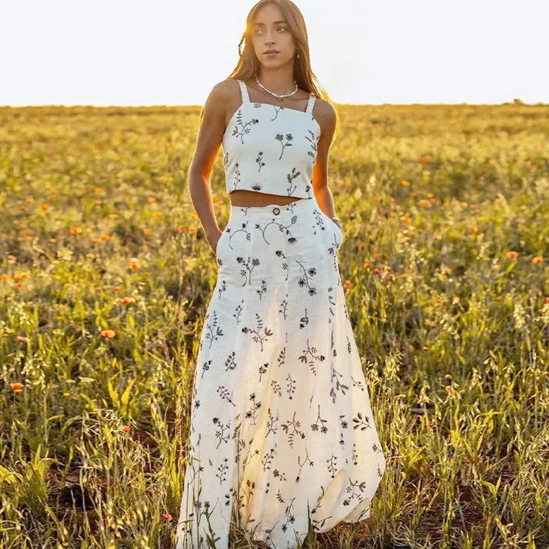 FashionSierra-Floral Embroidery  Crop Top  Maxi Skirt  Suit  Women  Vintage  Sleeveless  Summer  Set  Beach  Vestidos Boho Dress