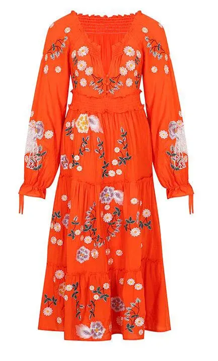 FashionSierra-Pink  Embroidery Floral  Women  Casual  Long Sleeve  2024 Vintage  Loose  High Waist  Robe Boho Dress