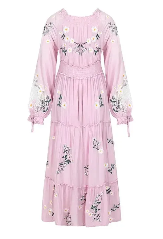 FashionSierra-Pink  Embroidery Floral  Women  Casual  Long Sleeve  2024 Vintage  Loose  High Waist  Robe Boho Dress