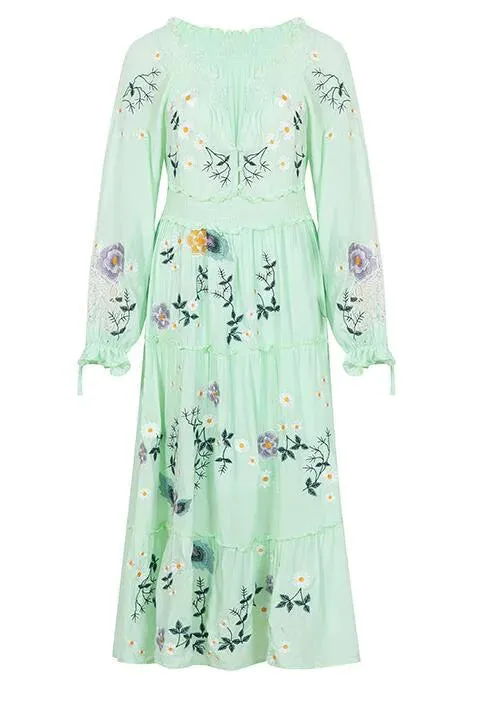 FashionSierra-Pink  Embroidery Floral  Women  Casual  Long Sleeve  2024 Vintage  Loose  High Waist  Robe Boho Dress