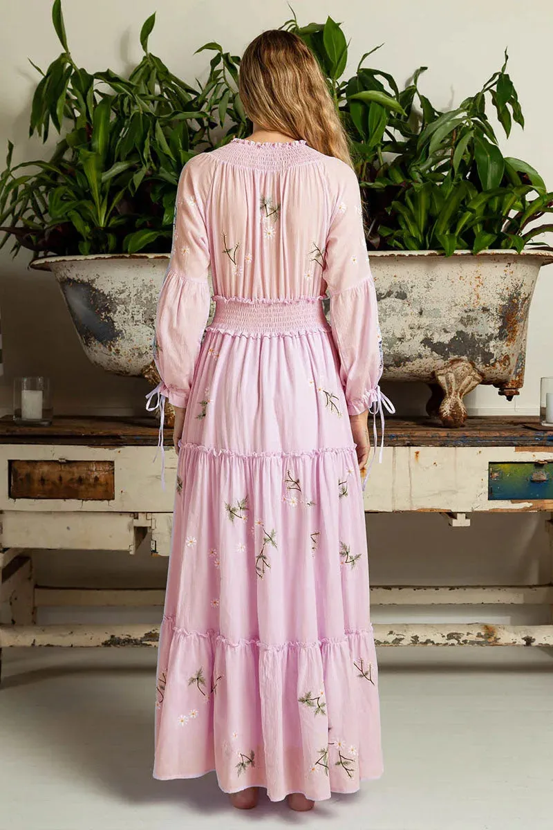 FashionSierra-Pink  Embroidery Floral  Women  Casual  Long Sleeve  2024 Vintage  Loose  High Waist  Robe Boho Dress