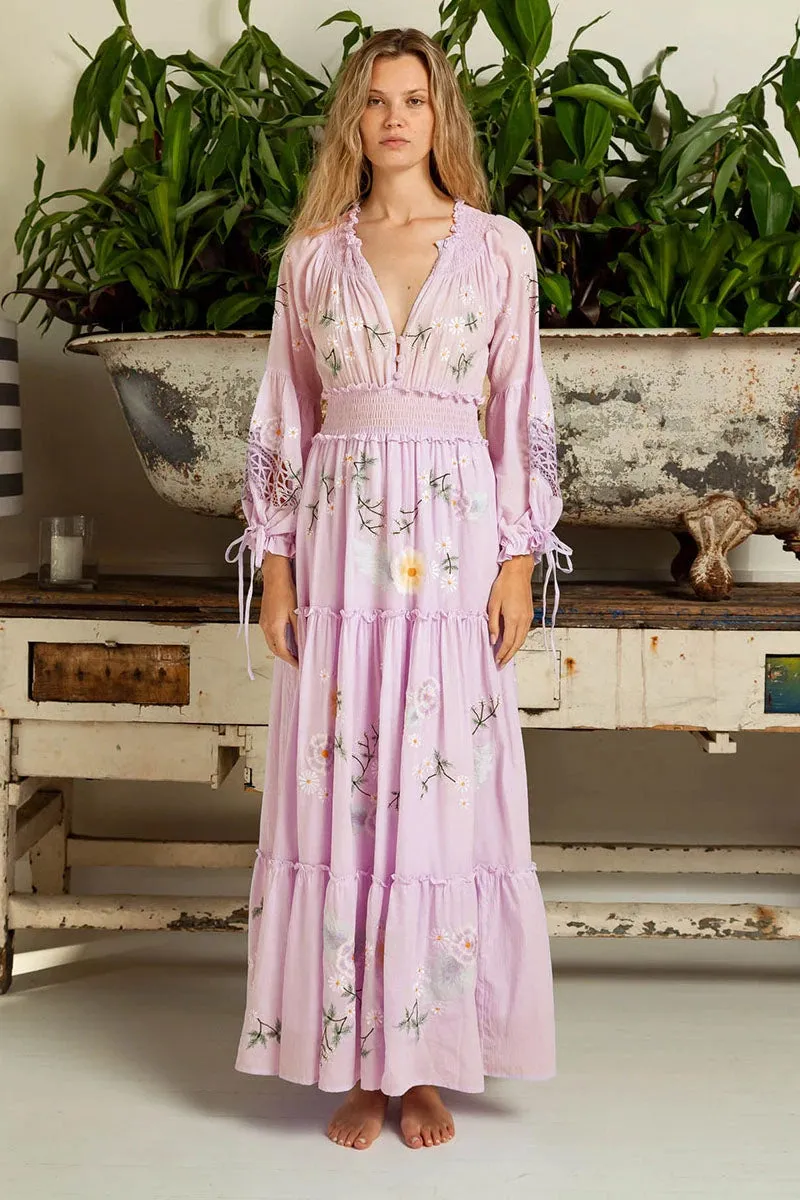 FashionSierra-Pink  Embroidery Floral  Women  Casual  Long Sleeve  2024 Vintage  Loose  High Waist  Robe Boho Dress
