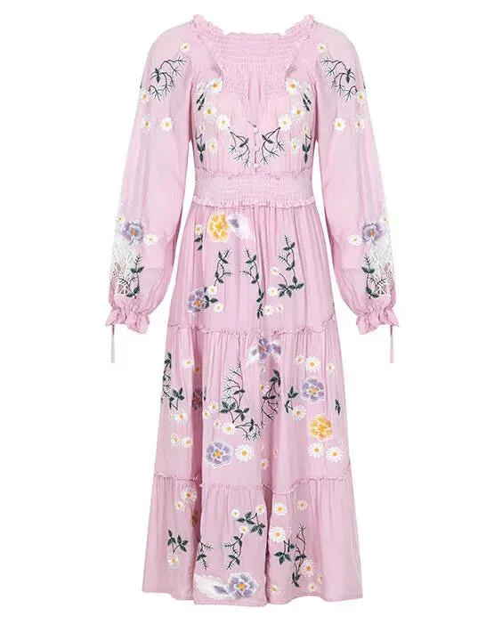 FashionSierra-Pink  Embroidery Floral  Women  Casual  Long Sleeve  2024 Vintage  Loose  High Waist  Robe Boho Dress