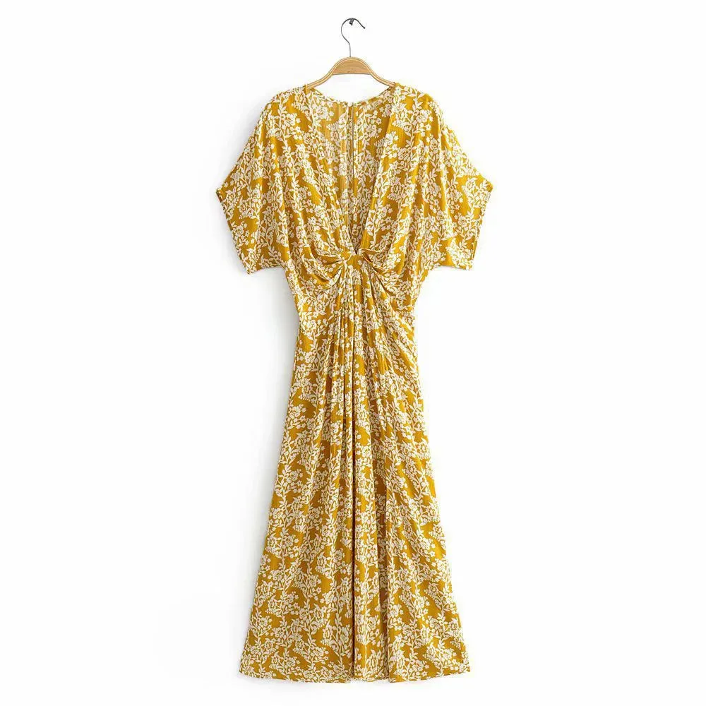 FashionSierra-Sexy  Deep V Neck  Maxi  Women  Vestidos  2024  Vintage Floral Print  Side Split  Summer  Beach  Casual Boho Dress