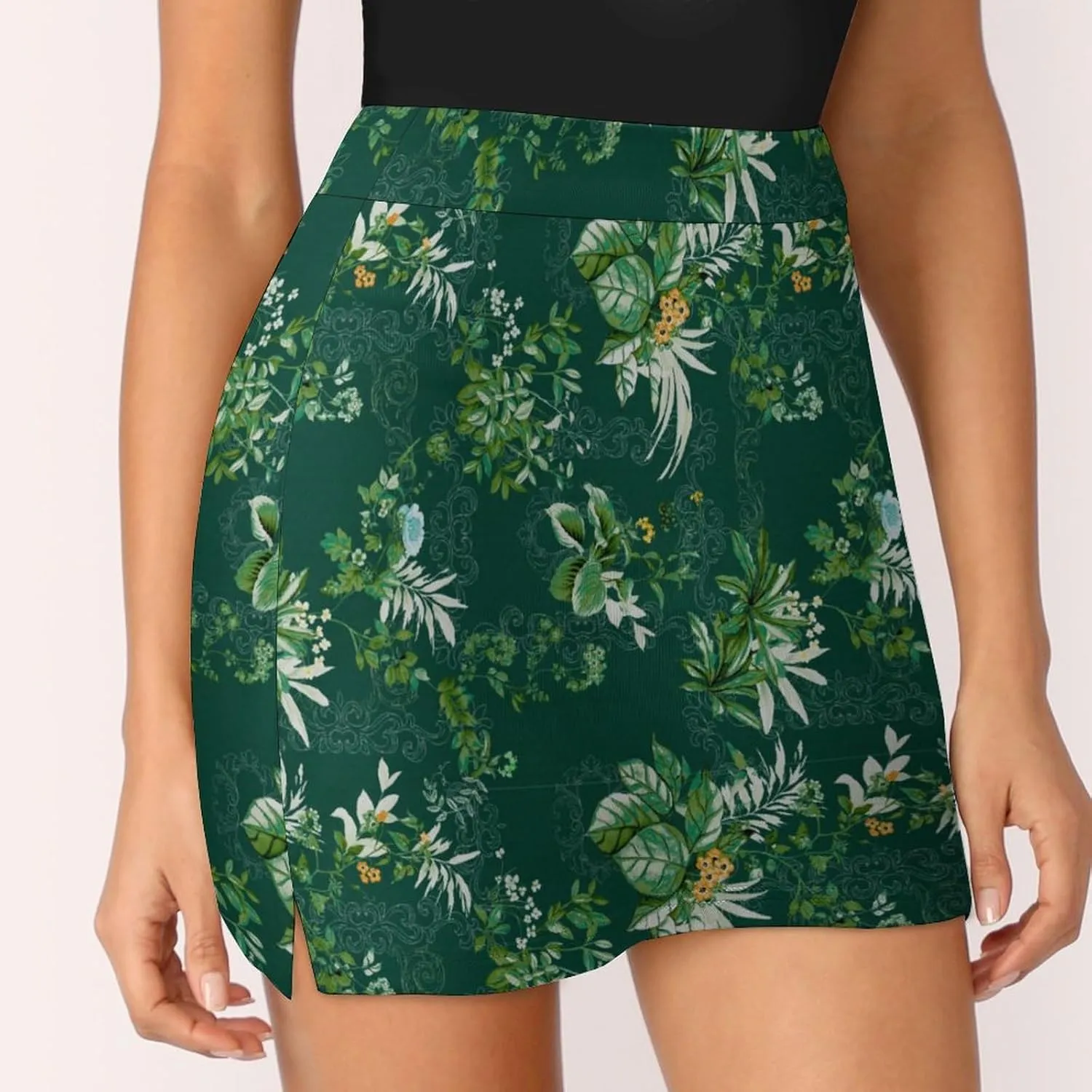 Green PlantPattern Women's Athletic Skirts Light Proof A-line Trouser Skirt with Shorts Pockets