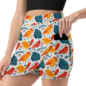 Green PlantPattern Women's Athletic Skirts Light Proof A-line Trouser Skirt with Shorts Pockets