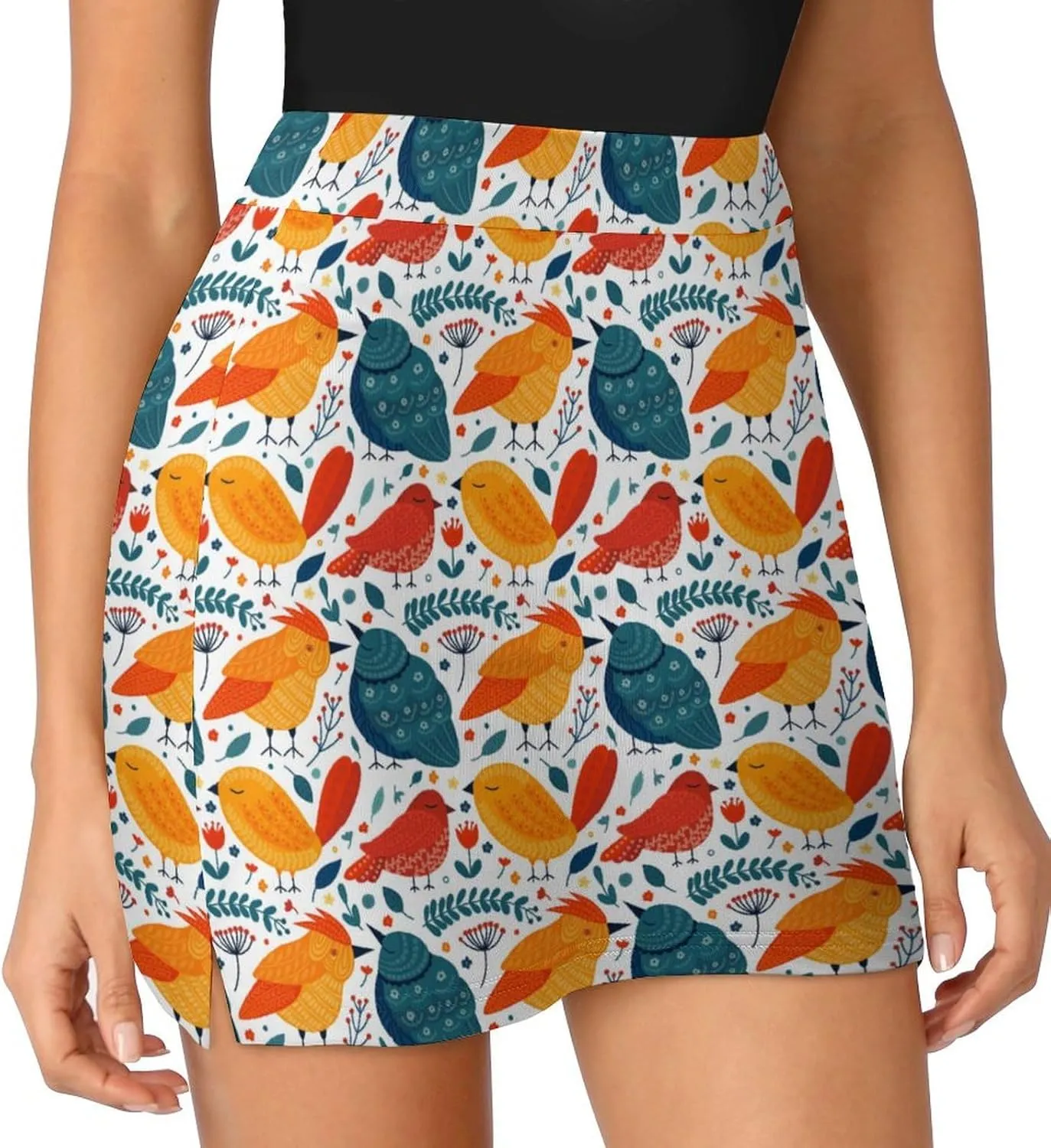 Green PlantPattern Women's Athletic Skirts Light Proof A-line Trouser Skirt with Shorts Pockets