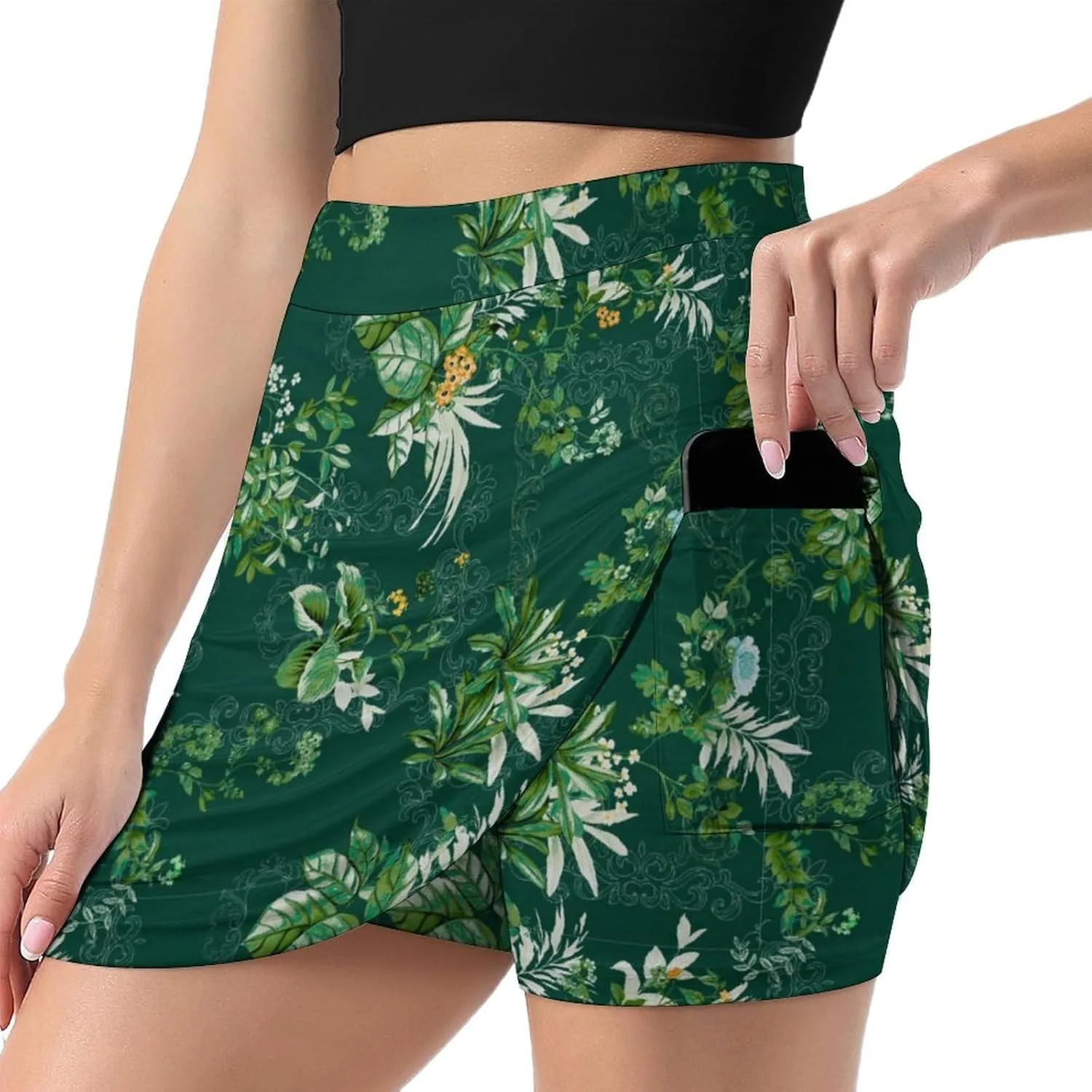 Green PlantPattern Women's Athletic Skirts Light Proof A-line Trouser Skirt with Shorts Pockets