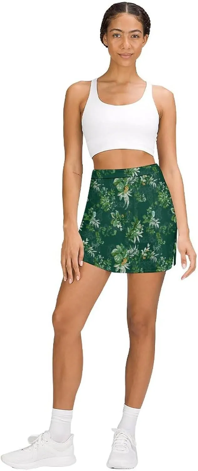 Green PlantPattern Women's Athletic Skirts Light Proof A-line Trouser Skirt with Shorts Pockets