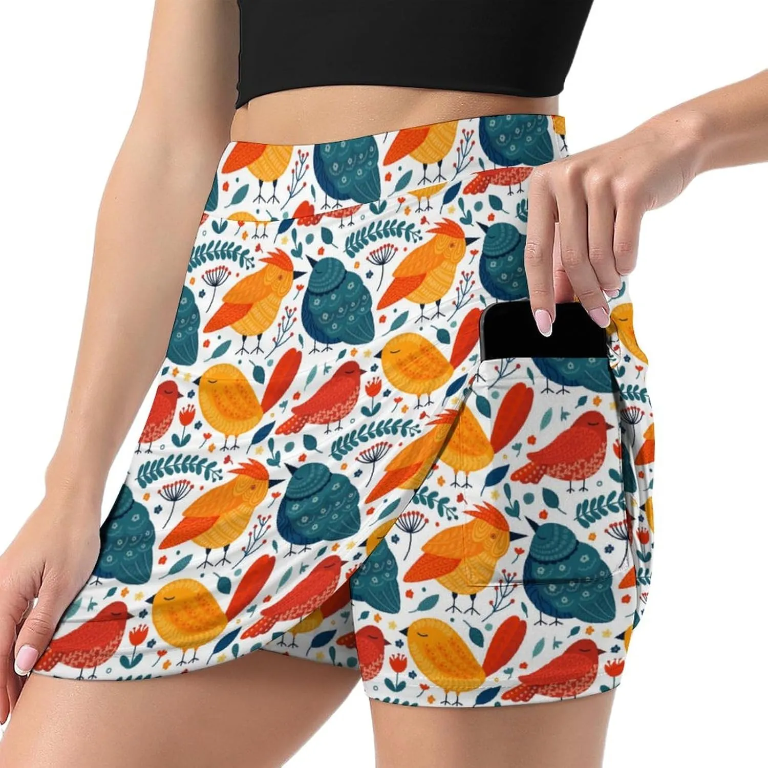 Green PlantPattern Women's Athletic Skirts Light Proof A-line Trouser Skirt with Shorts Pockets