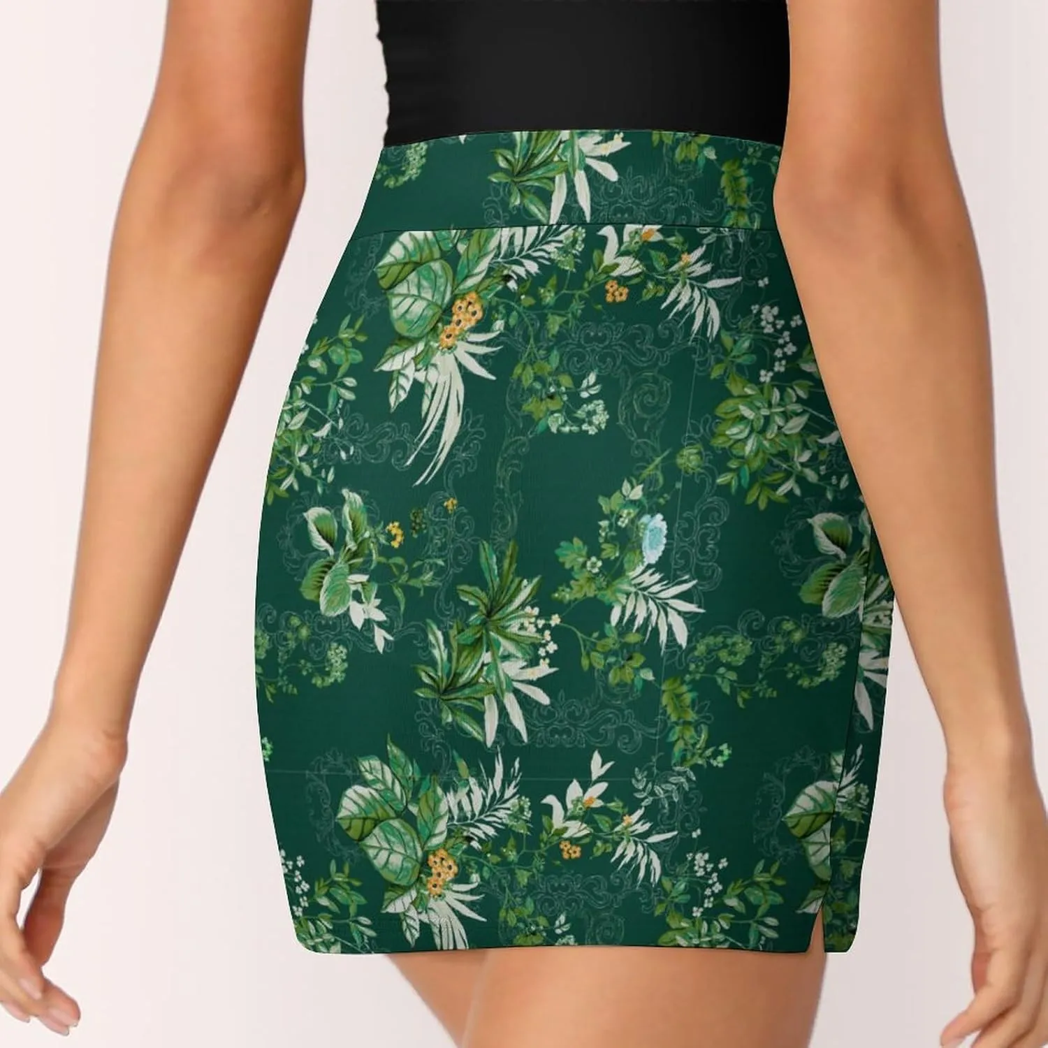 Green PlantPattern Women's Athletic Skirts Light Proof A-line Trouser Skirt with Shorts Pockets