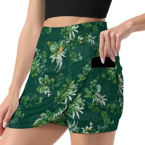 Green PlantPattern Women's Athletic Skirts Light Proof A-line Trouser Skirt with Shorts Pockets