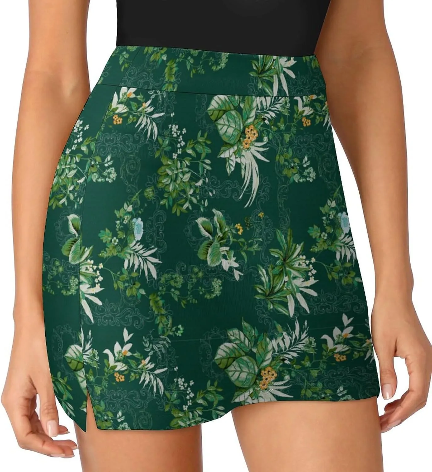 Green PlantPattern Women's Athletic Skirts Light Proof A-line Trouser Skirt with Shorts Pockets