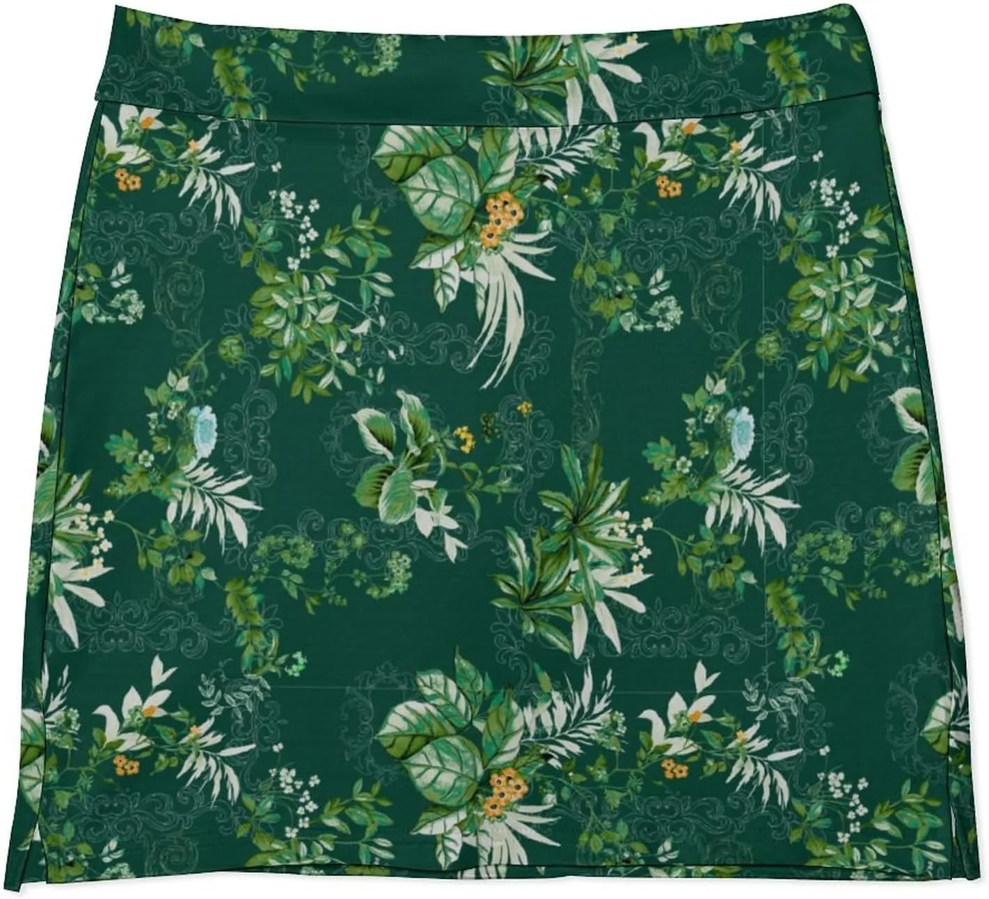 Green PlantPattern Women's Athletic Skirts Light Proof A-line Trouser Skirt with Shorts Pockets