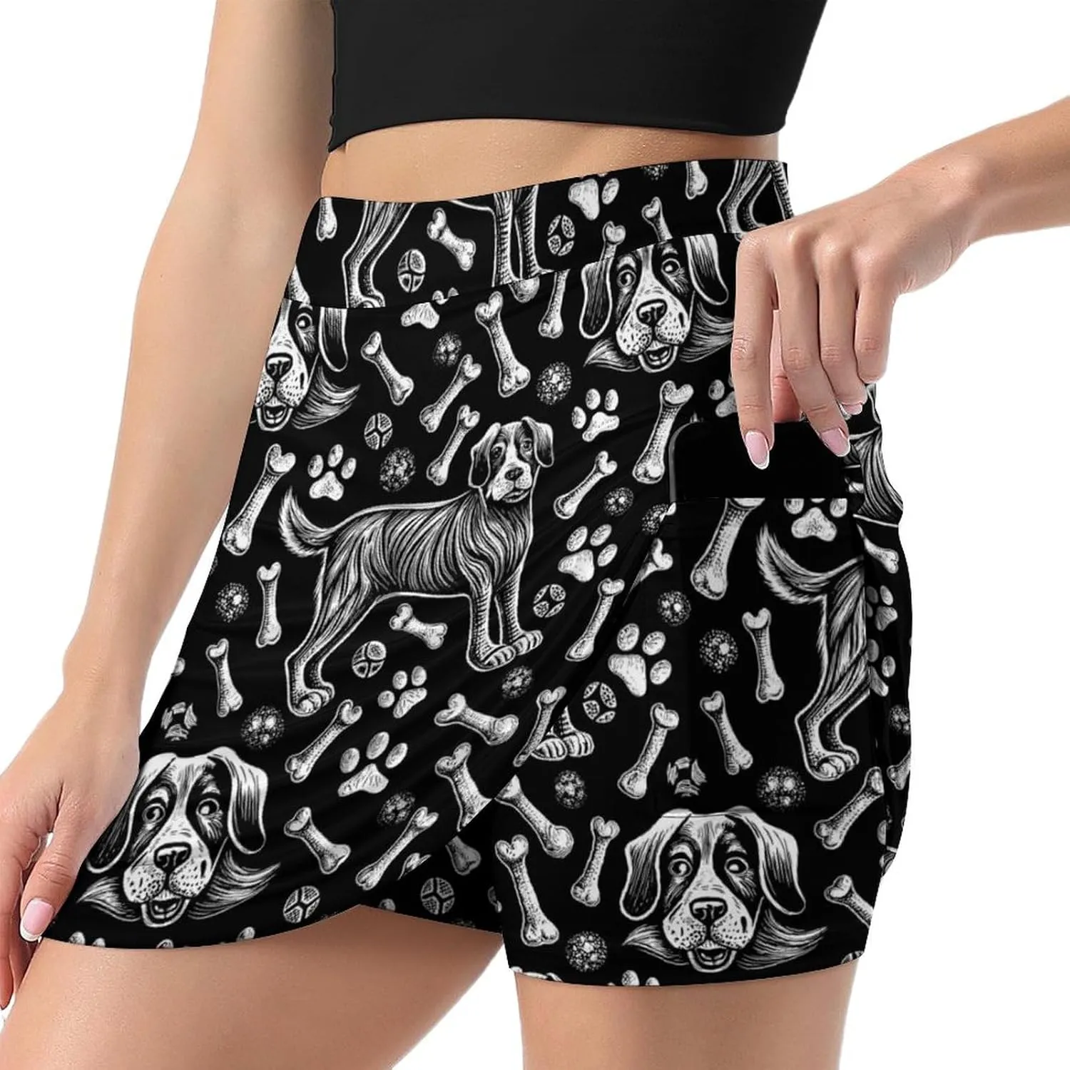 Green PlantPattern Women's Athletic Skirts Light Proof A-line Trouser Skirt with Shorts Pockets