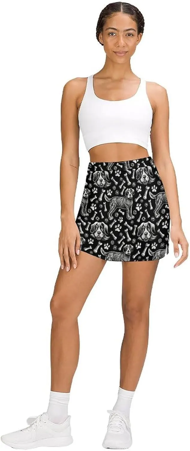 Green PlantPattern Women's Athletic Skirts Light Proof A-line Trouser Skirt with Shorts Pockets