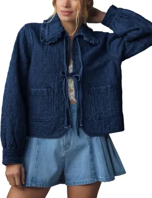 Kedera Womens Denim Jacket Casual Long Sleeve Peter Pan Collar Denim Shirts Tie Front Shacket Loose Fit Top