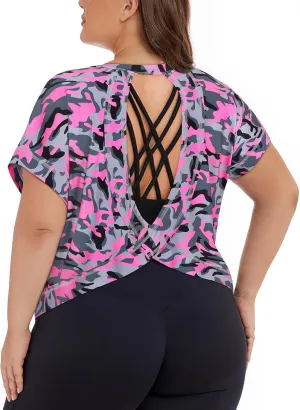 Koscacy Womens Plus Size Open Back Tops Short Sleeve Workout Shirts Casual Yoga Athletic Gym Running Tees