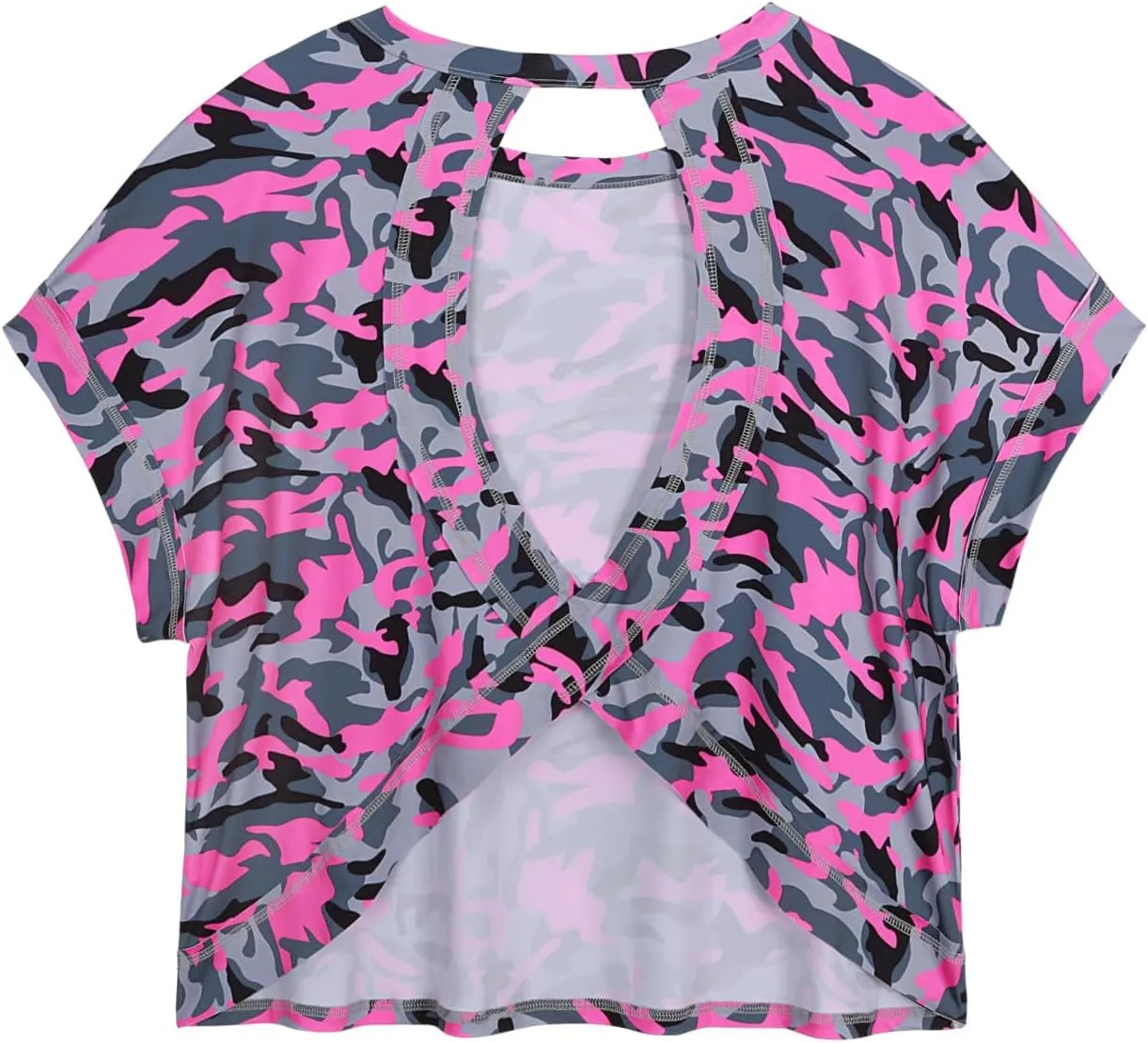 Koscacy Womens Plus Size Open Back Tops Short Sleeve Workout Shirts Casual Yoga Athletic Gym Running Tees