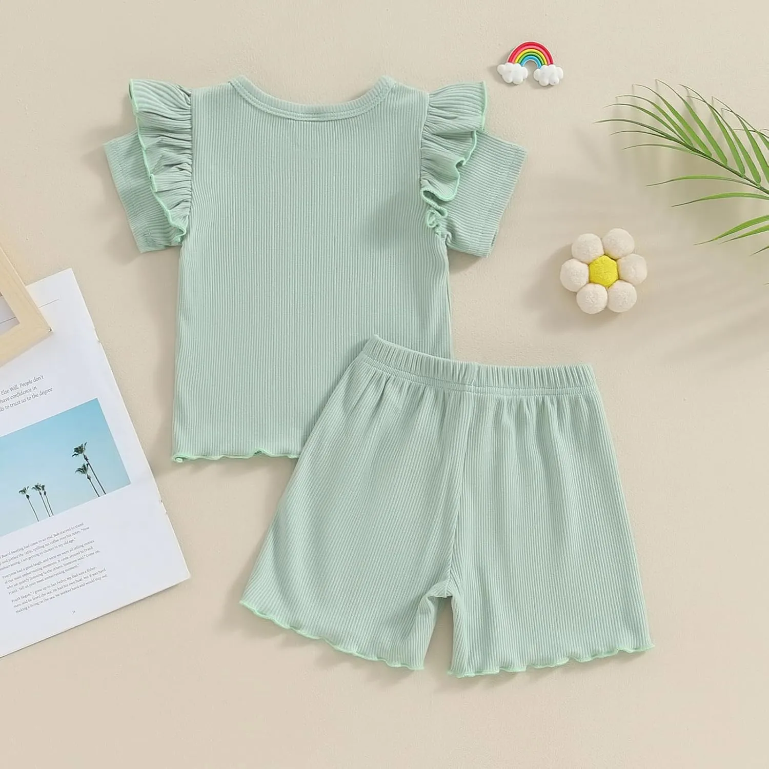 Kupretty Toddler Baby Girl Summer Clothes Ruffle Ribbed Knit Short Sleeves T-Shirt Tops   Shorts Cute Outfits Set