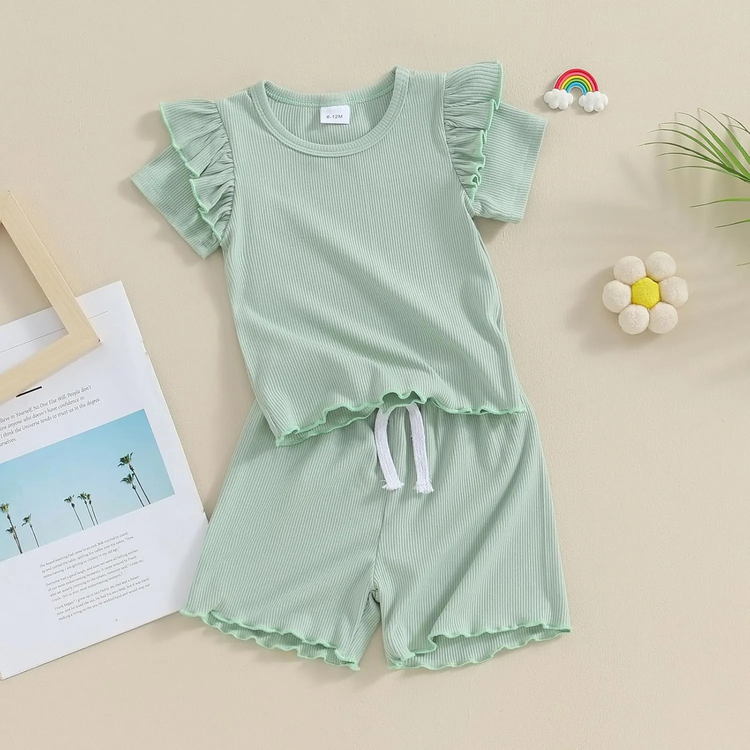 Kupretty Toddler Baby Girl Summer Clothes Ruffle Ribbed Knit Short Sleeves T-Shirt Tops   Shorts Cute Outfits Set