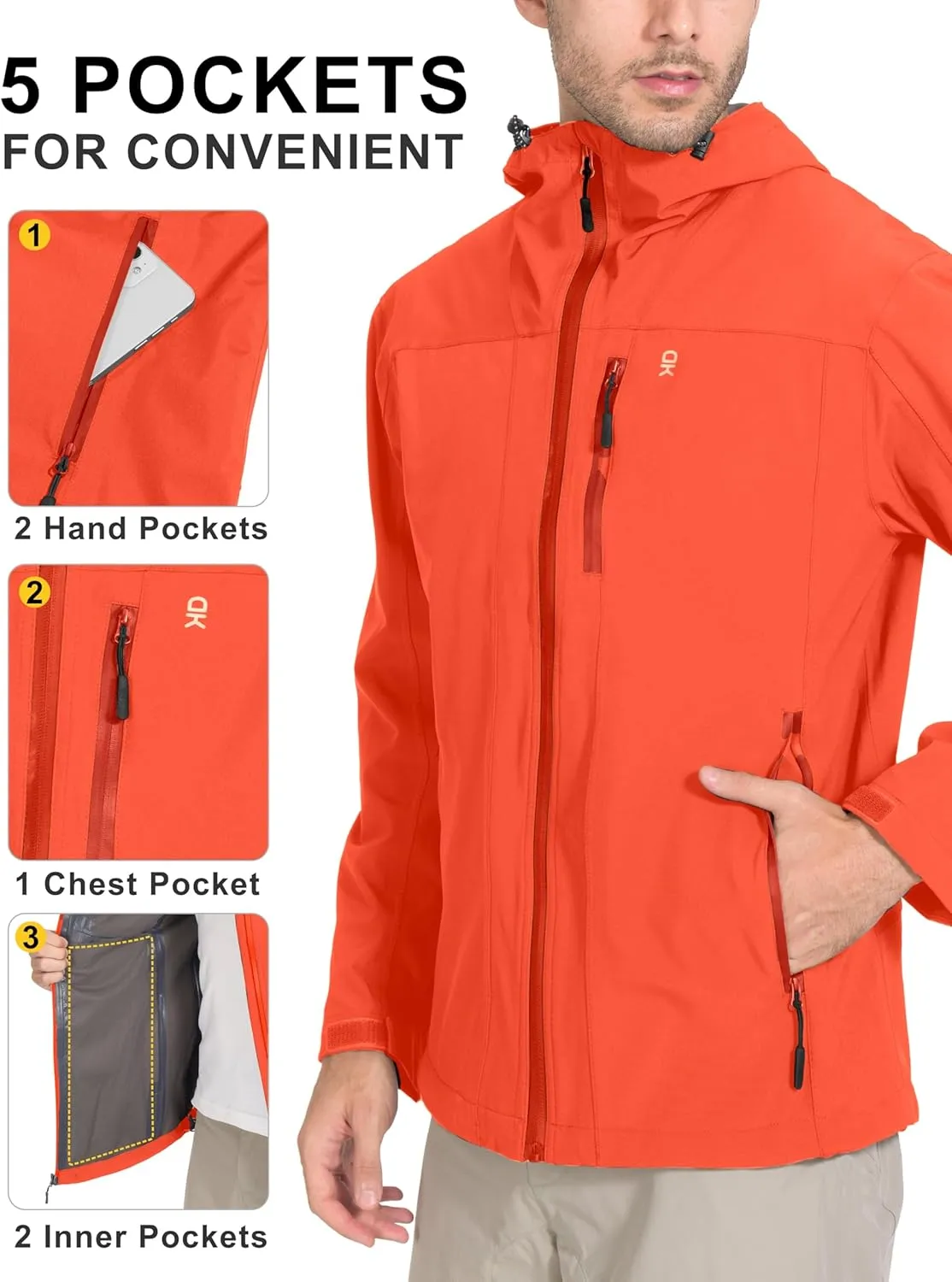 Little Donkey Andy Men's Rain Hiking Jackets Waterproof Windproof Breathable Shell Coats Travel Fishing
