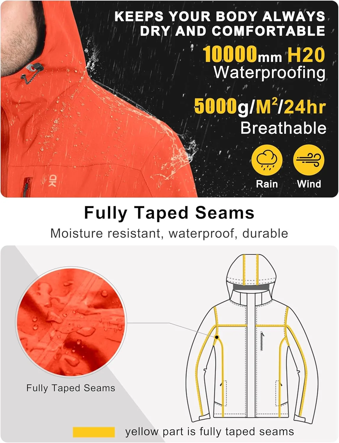 Little Donkey Andy Men's Rain Hiking Jackets Waterproof Windproof Breathable Shell Coats Travel Fishing