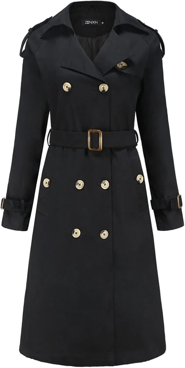 Lu's Chic Women's Long Trench Coats Lightweight Cotton Double Breasted Long Sleeve Belted Mid Length Dress Jackets