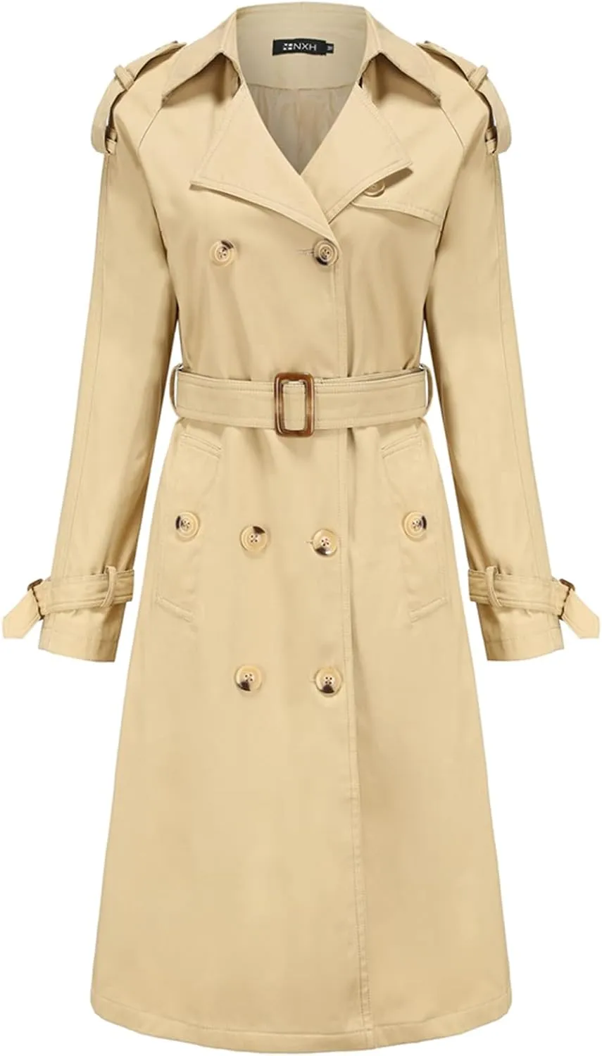 Lu's Chic Women's Long Trench Coats Lightweight Cotton Double Breasted Long Sleeve Belted Mid Length Dress Jackets