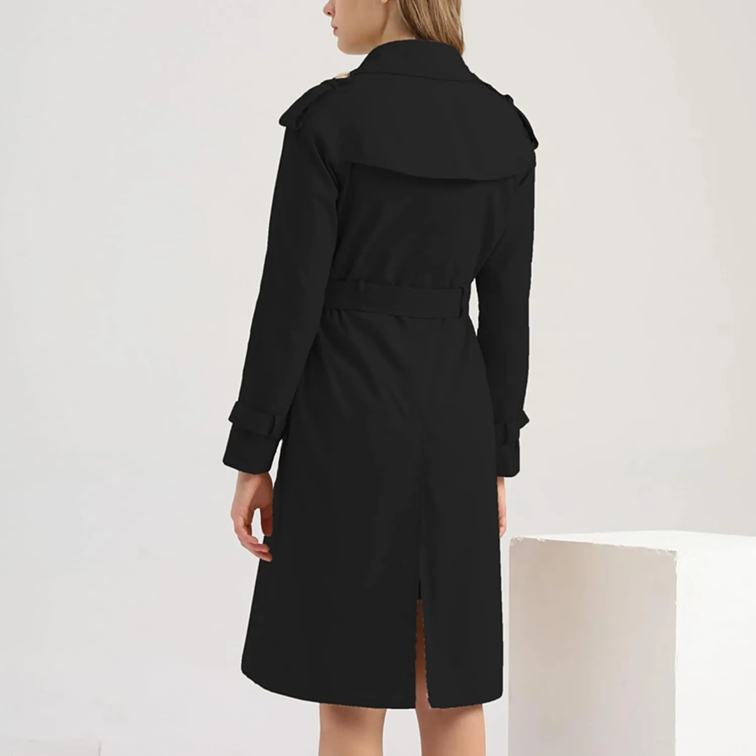 Lu's Chic Women's Long Trench Coats Lightweight Cotton Double Breasted Long Sleeve Belted Mid Length Dress Jackets