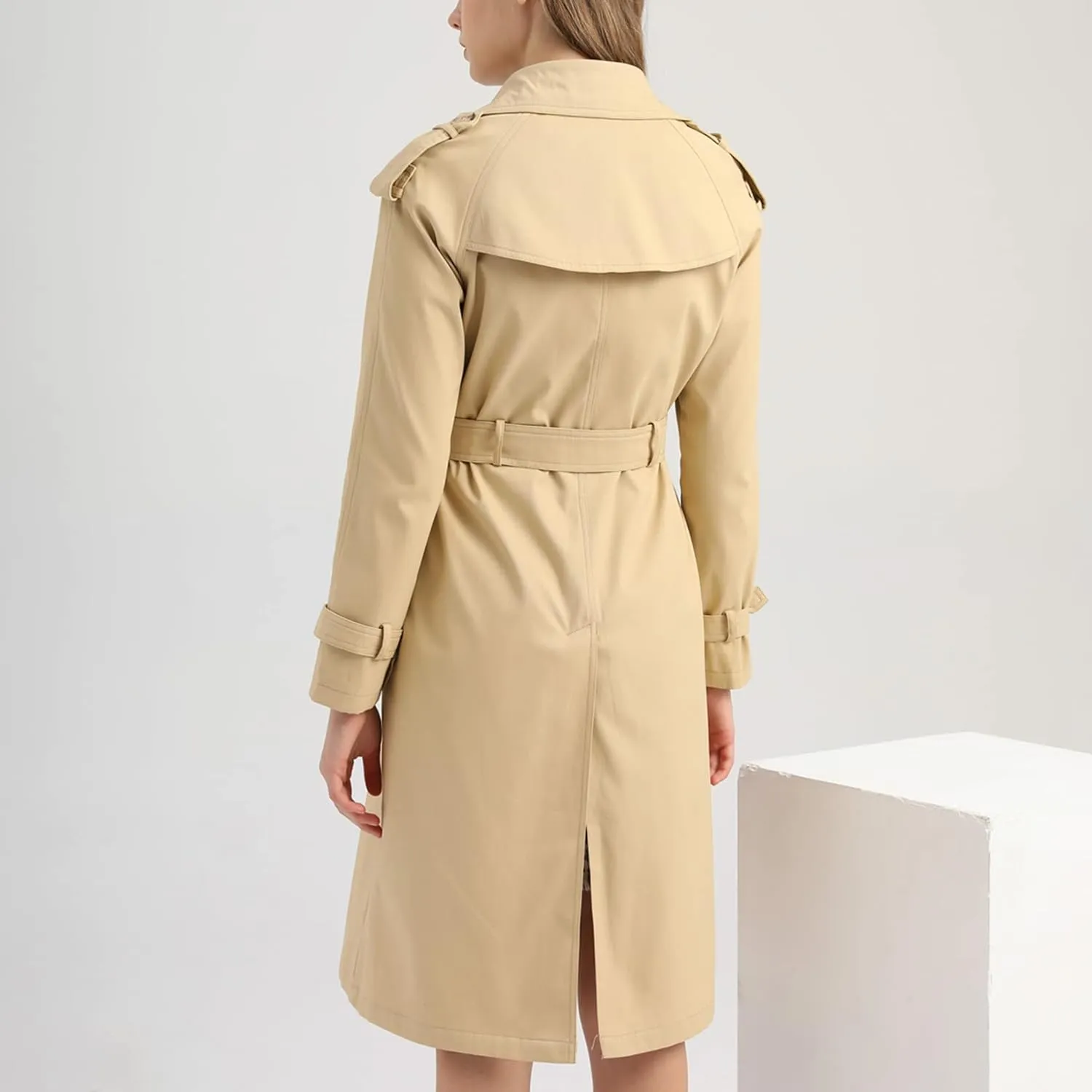 Lu's Chic Women's Long Trench Coats Lightweight Cotton Double Breasted Long Sleeve Belted Mid Length Dress Jackets