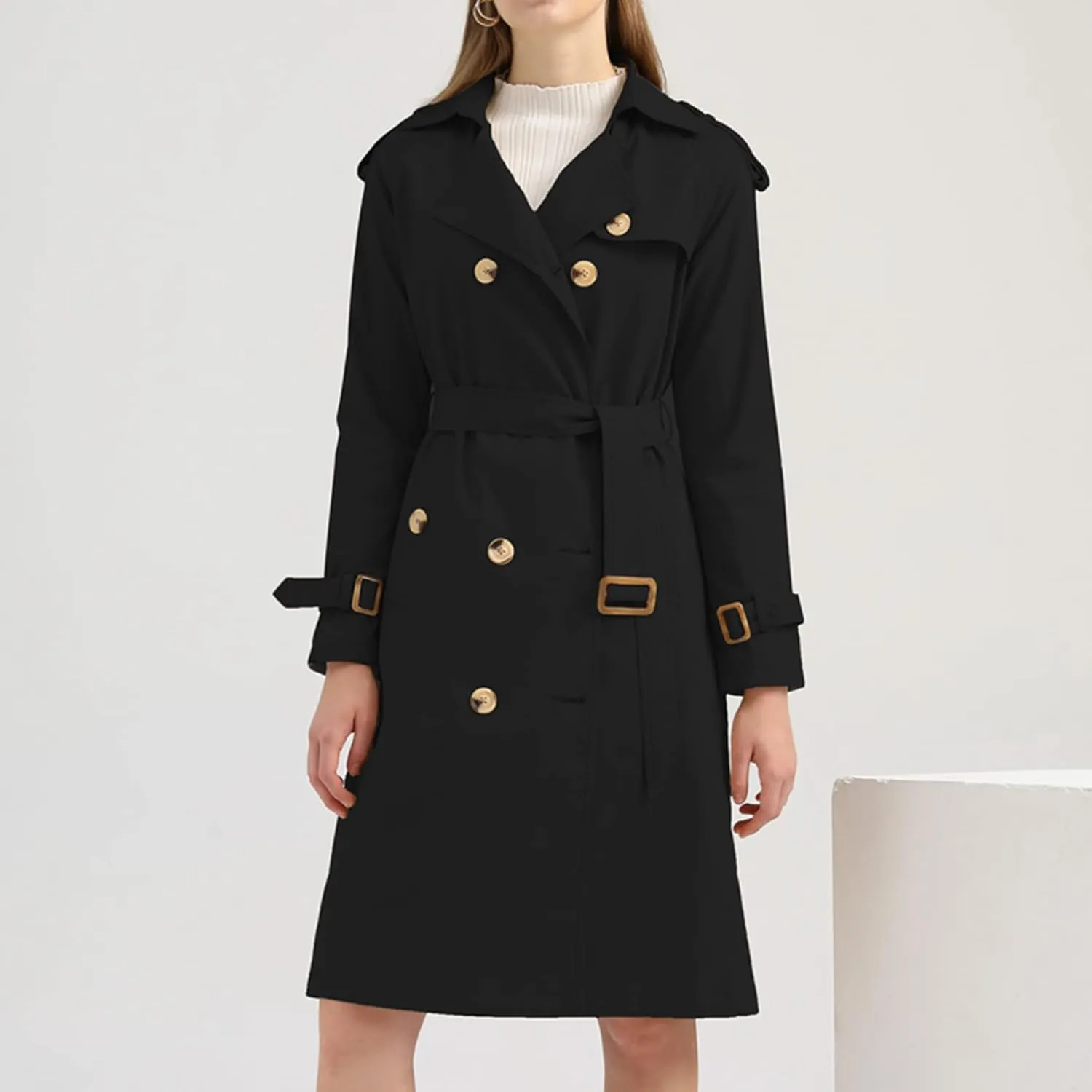 Lu's Chic Women's Long Trench Coats Lightweight Cotton Double Breasted Long Sleeve Belted Mid Length Dress Jackets