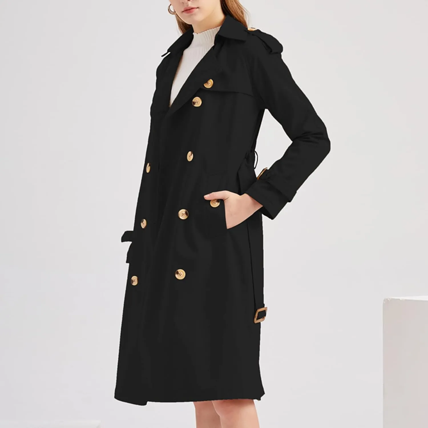 Lu's Chic Women's Long Trench Coats Lightweight Cotton Double Breasted Long Sleeve Belted Mid Length Dress Jackets