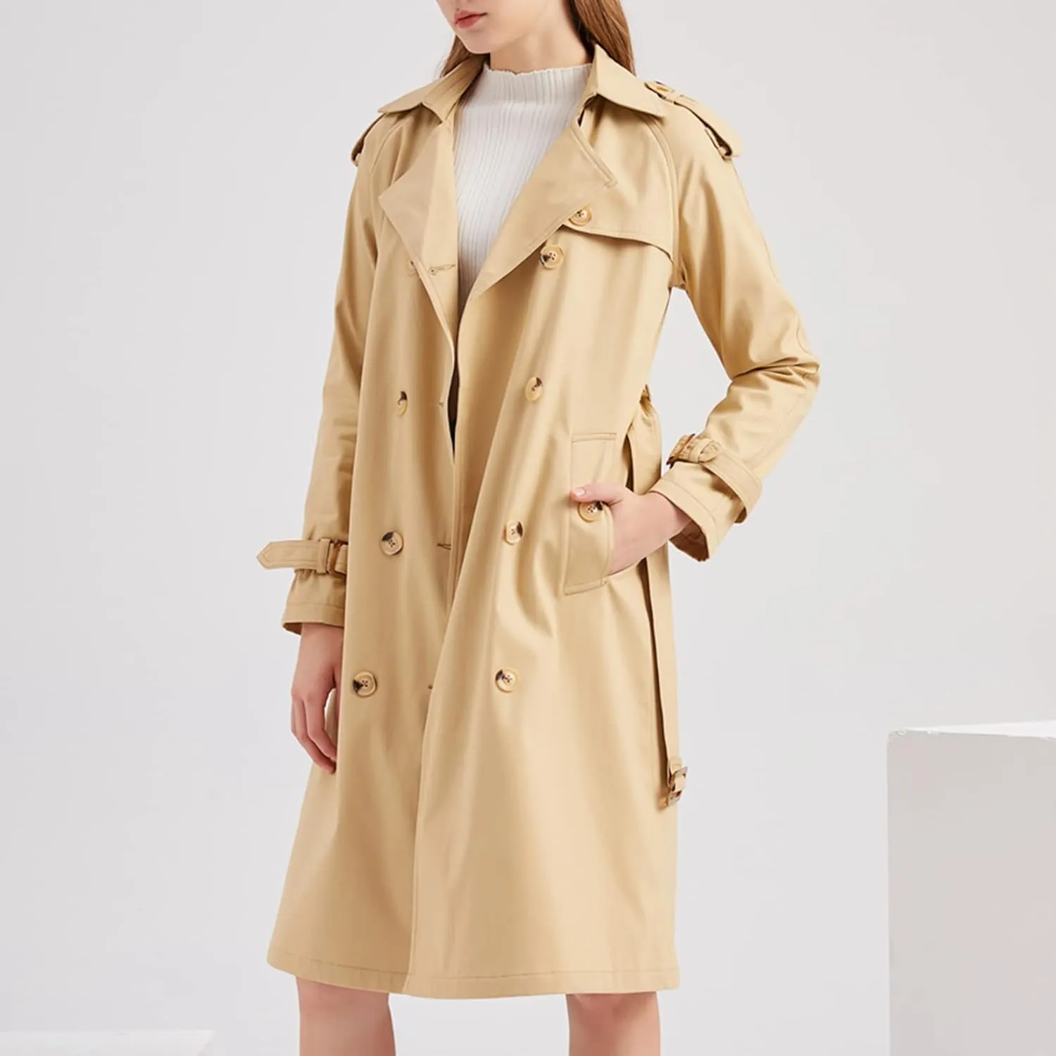 Lu's Chic Women's Long Trench Coats Lightweight Cotton Double Breasted Long Sleeve Belted Mid Length Dress Jackets