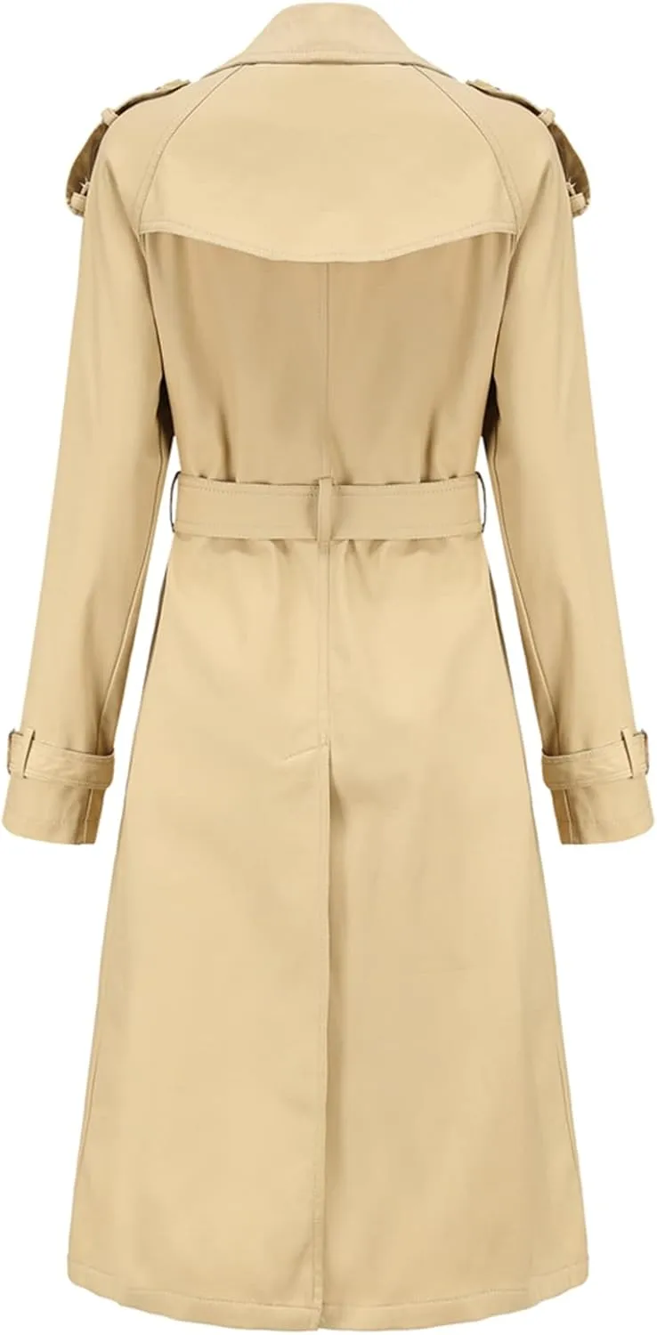 Lu's Chic Women's Long Trench Coats Lightweight Cotton Double Breasted Long Sleeve Belted Mid Length Dress Jackets