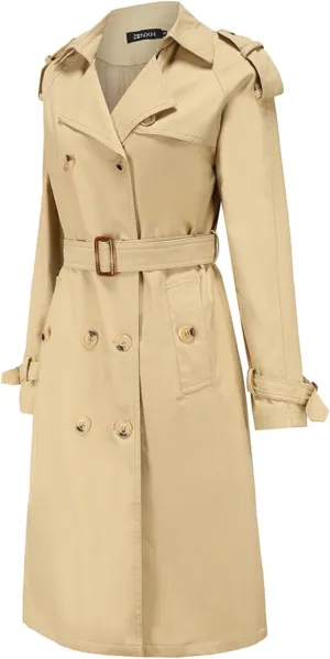 Lu's Chic Women's Long Trench Coats Lightweight Cotton Double Breasted Long Sleeve Belted Mid Length Dress Jackets