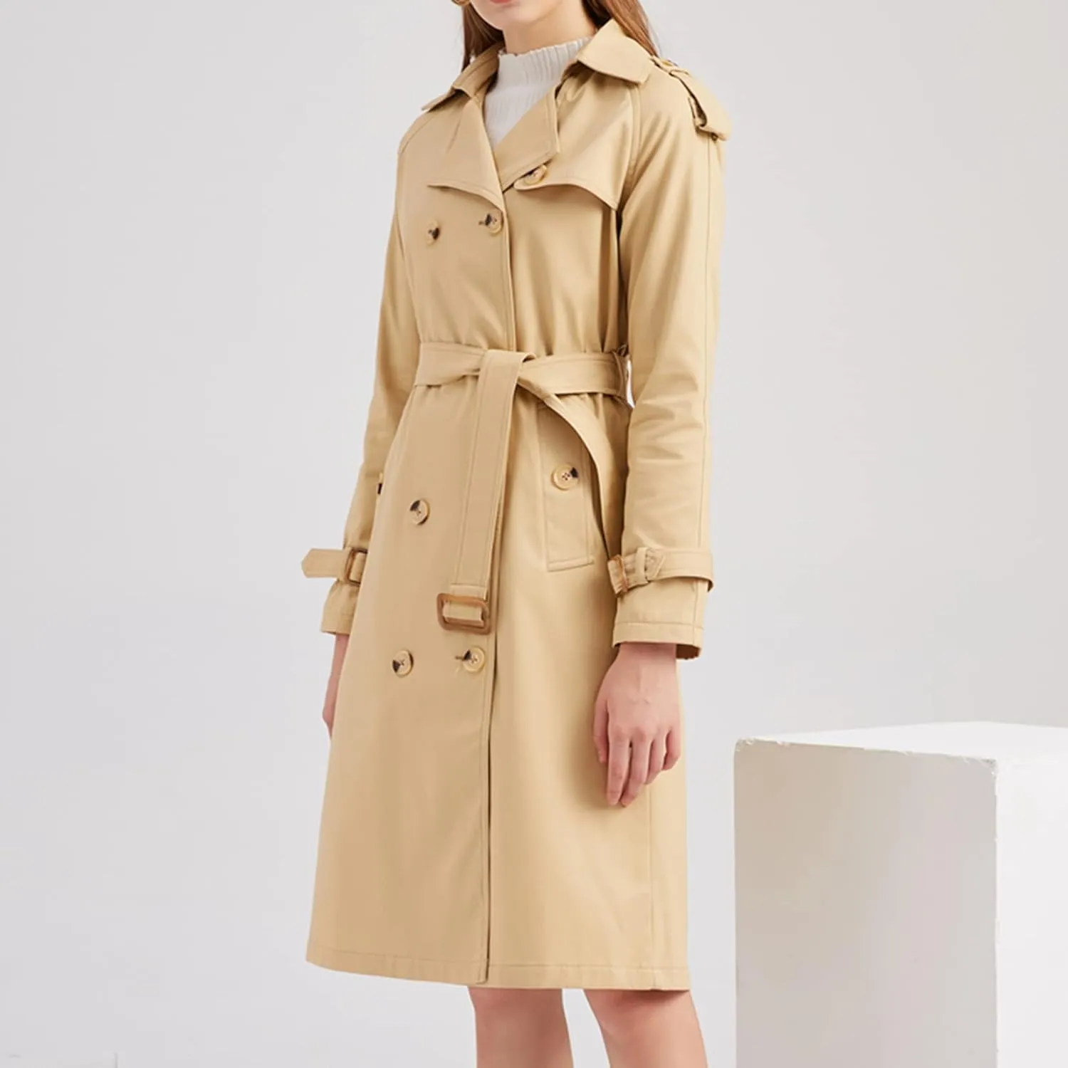 Lu's Chic Women's Long Trench Coats Lightweight Cotton Double Breasted Long Sleeve Belted Mid Length Dress Jackets