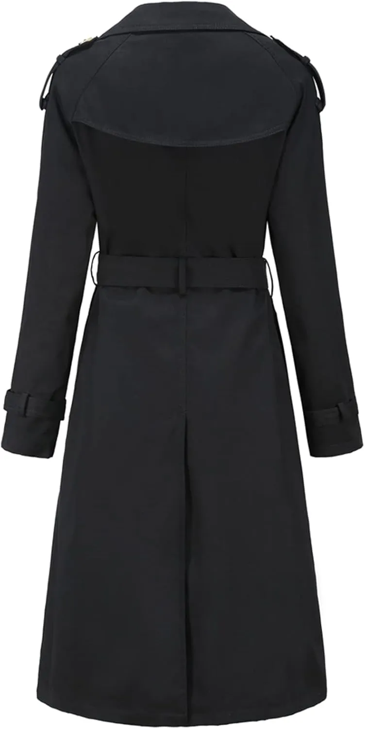 Lu's Chic Women's Long Trench Coats Lightweight Cotton Double Breasted Long Sleeve Belted Mid Length Dress Jackets