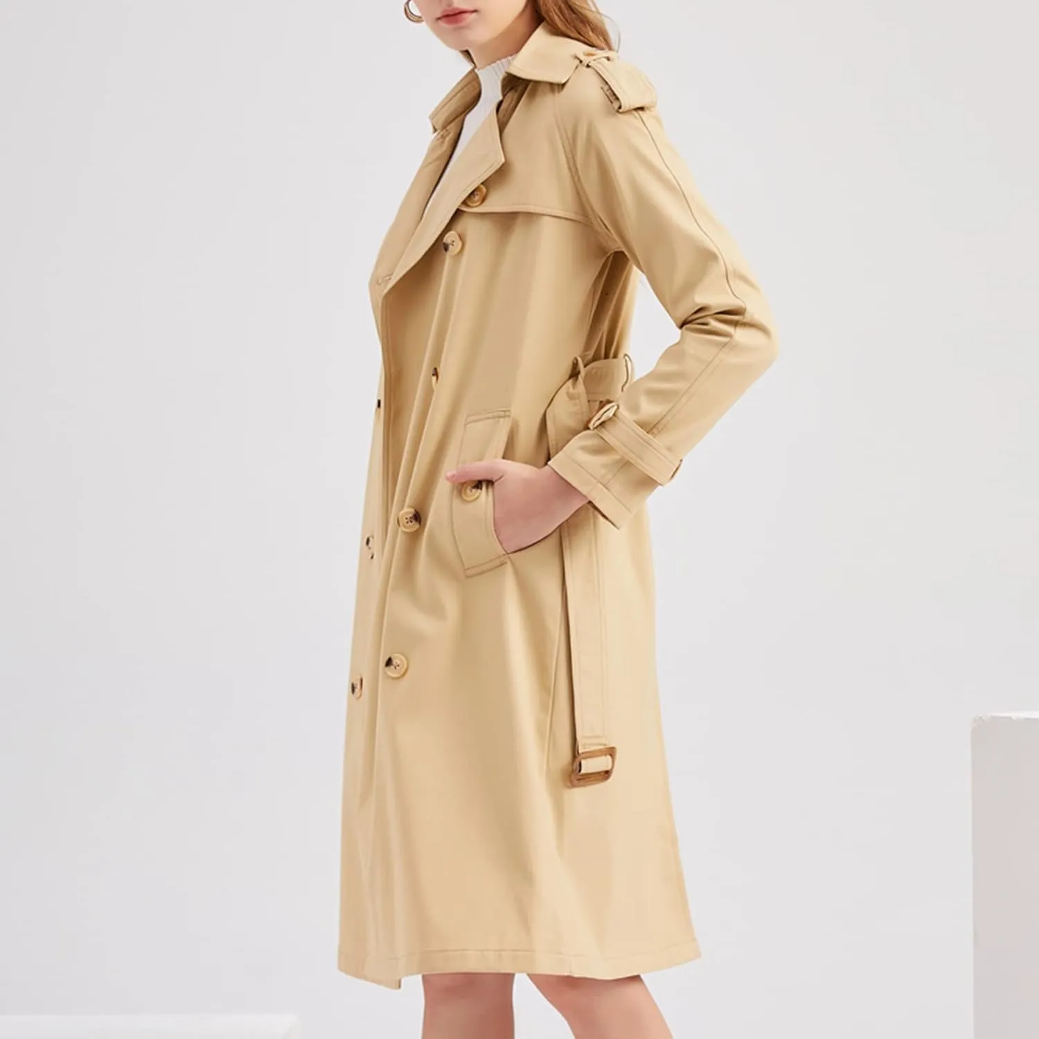 Lu's Chic Women's Long Trench Coats Lightweight Cotton Double Breasted Long Sleeve Belted Mid Length Dress Jackets