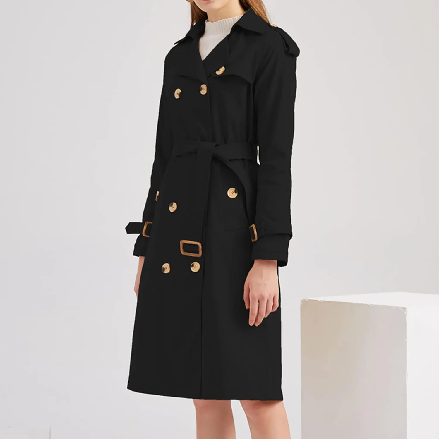Lu's Chic Women's Long Trench Coats Lightweight Cotton Double Breasted Long Sleeve Belted Mid Length Dress Jackets