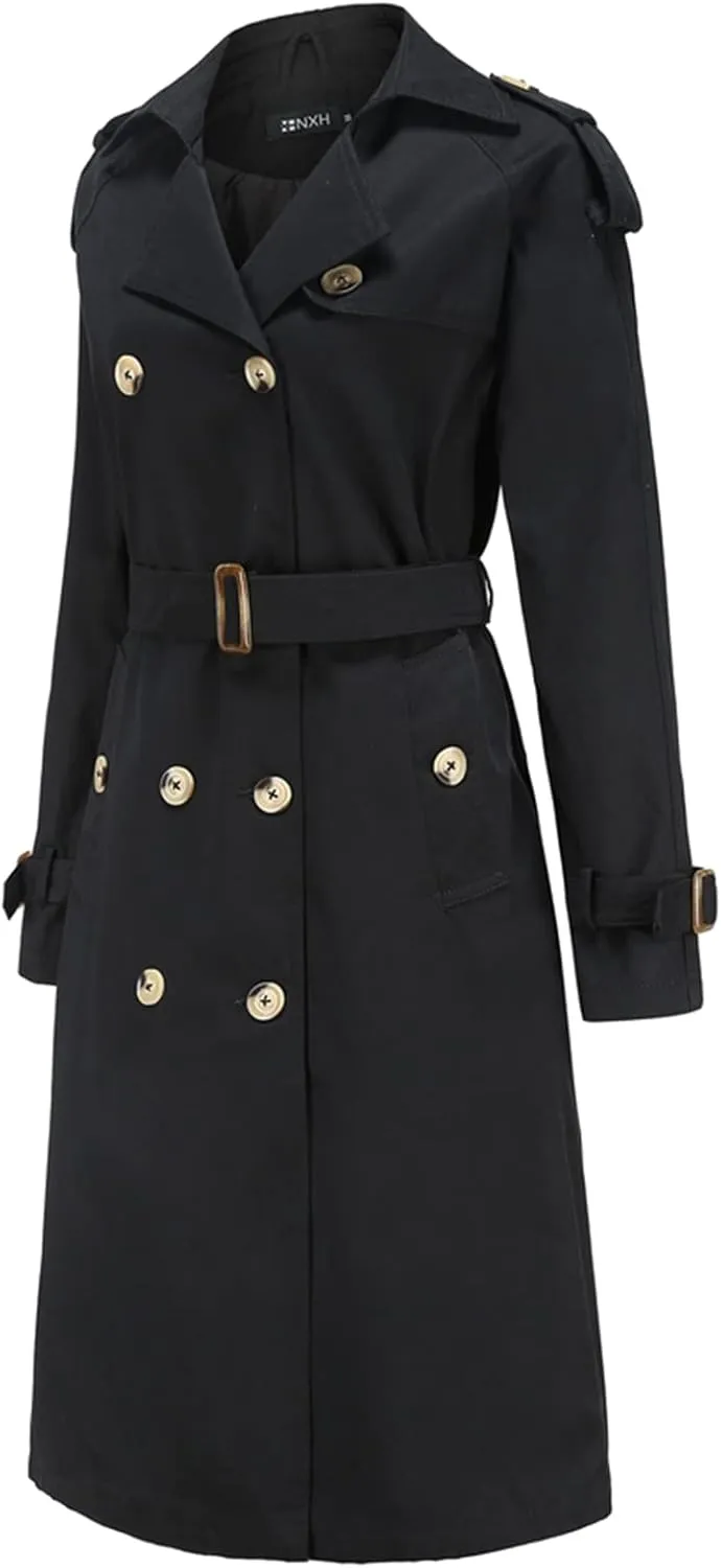 Lu's Chic Women's Long Trench Coats Lightweight Cotton Double Breasted Long Sleeve Belted Mid Length Dress Jackets