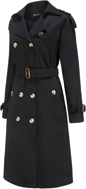 Lu's Chic Women's Long Trench Coats Lightweight Cotton Double Breasted Long Sleeve Belted Mid Length Dress Jackets