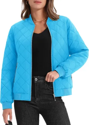 MAGCOMSEN Women's Diamond Quilted Jackets Lightweight Casual Bomber Jacket Warm Cotton Padded Coats with 2 Pockets