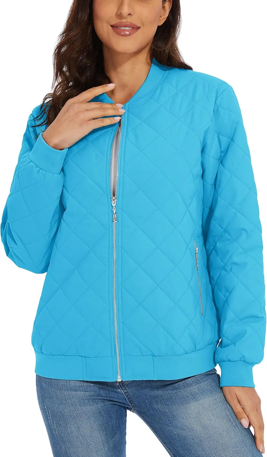 MAGCOMSEN Women's Diamond Quilted Jackets Lightweight Casual Bomber Jacket Warm Cotton Padded Coats with 2 Pockets
