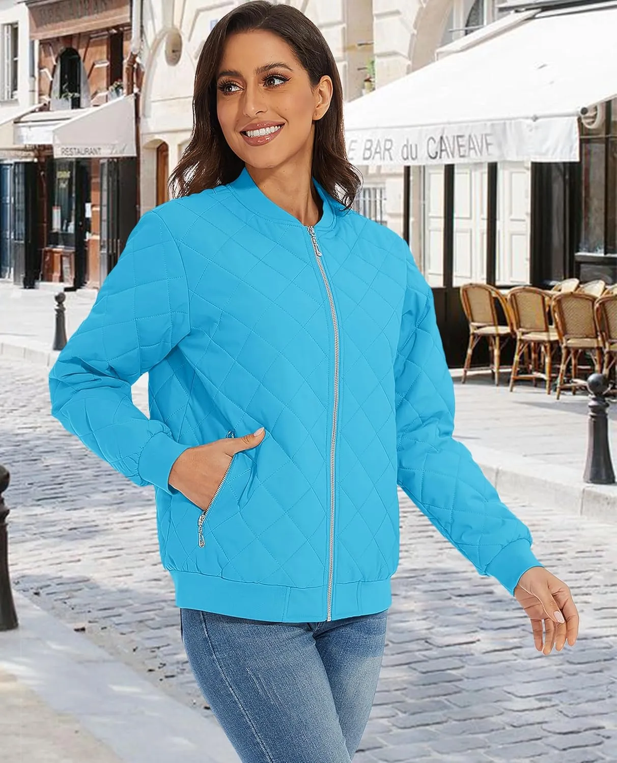 MAGCOMSEN Women's Diamond Quilted Jackets Lightweight Casual Bomber Jacket Warm Cotton Padded Coats with 2 Pockets